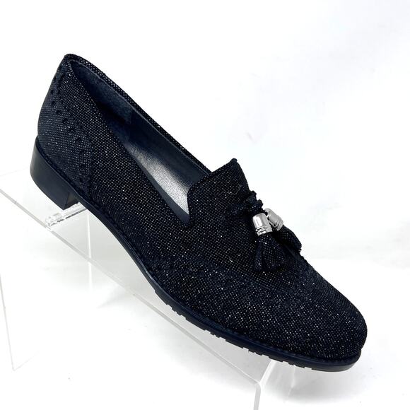 Stuart Weitzman Guy Thing Black Glitter Tassel Block Heel Loafers Womens 8.5 M - Picture 1 of 9